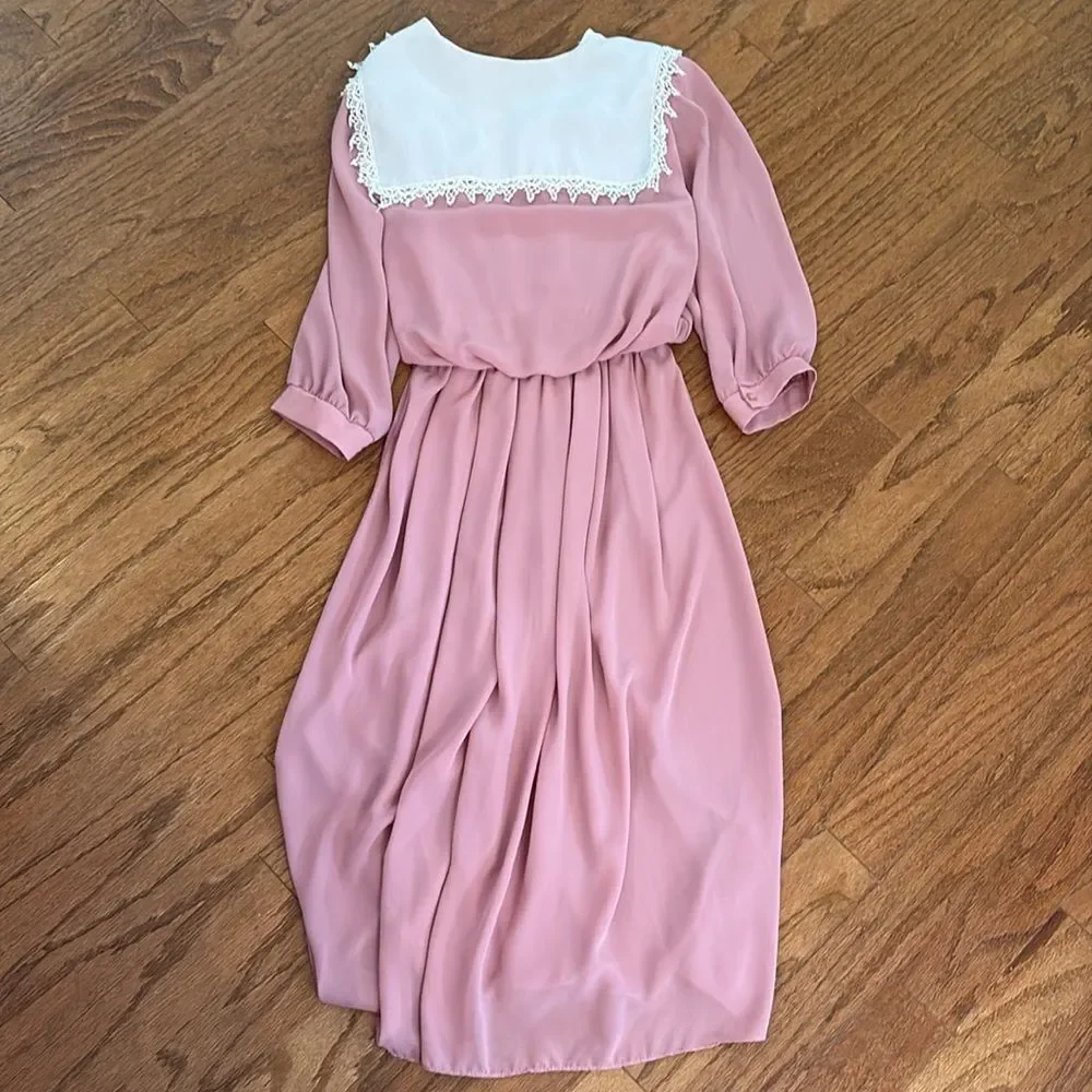 Vintage dress, R.E.O. Originals, size 14, pink with a cream colored lace collar - Picture 9 of 14